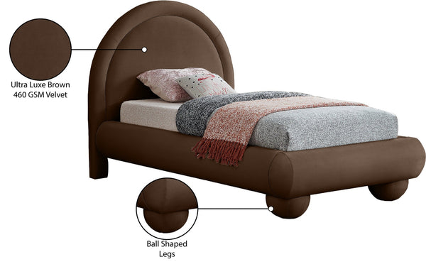 Meridian Furniture Madrid Art Deco Arched Twin Bed Plush Velvet Upholstered Sculptural Frame for Stylish Bedrooms Brown MadridBrown-T