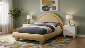 Meridian Furniture Madrid Art Deco Arched Full Bed Plush Velvet Upholstered Sculptural Headboard for Bedroom Camel MadridCamel-F