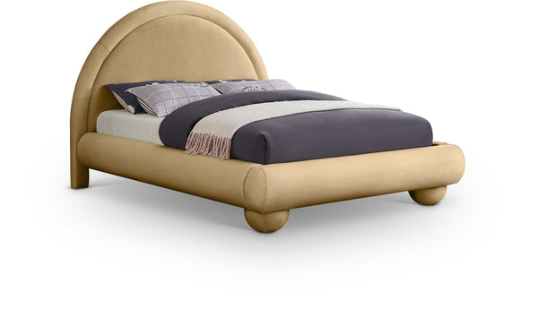 Meridian Furniture Madrid Arched Velvet Queen Bed Art Deco Sculpted Headboard Elegant Bedroom Centerpiece Camel MadridCamel-Q