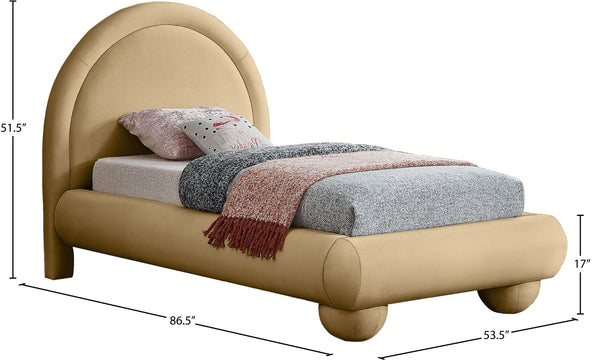 Meridian Furniture Madrid Art Deco Arched Twin Bed Plush Velvet Upholstered Sculptural Frame for Stylish Bedrooms Camel MadridCamel-T