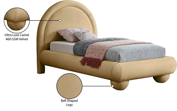 Meridian Furniture Madrid Art Deco Arched Twin Bed Plush Velvet Upholstered Sculptural Frame for Stylish Bedrooms Camel MadridCamel-T