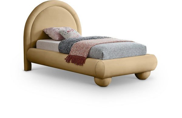 Meridian Furniture Madrid Art Deco Arched Twin Bed Plush Velvet Upholstered Sculptural Frame for Stylish Bedrooms Camel MadridCamel-T