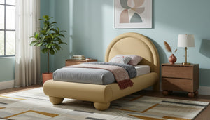 Meridian Furniture Madrid Art Deco Arched Twin Bed Plush Velvet Upholstered Sculptural Frame for Stylish Bedrooms Camel MadridCamel-T