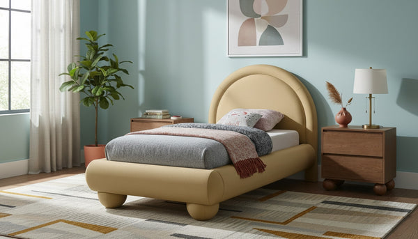 Meridian Furniture Madrid Art Deco Arched Twin Bed Plush Velvet Upholstered Sculptural Frame for Stylish Bedrooms Camel MadridCamel-T
