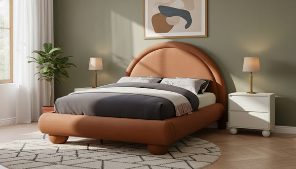 Meridian Furniture Madrid Art Deco Arched Full Bed Plush Velvet Upholstered Sculptural Headboard for Bedroom Cognac MadridCognac-F