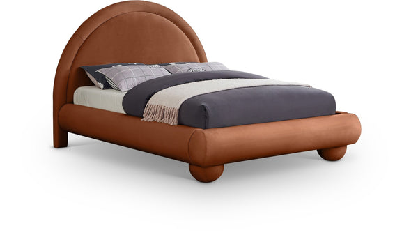Meridian Furniture Madrid Arched Velvet Queen Bed Art Deco Sculpted Headboard Elegant Bedroom Centerpiece Cognac MadridCognac-Q