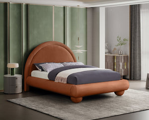 Meridian Furniture Madrid Arched Velvet Queen Bed Art Deco Sculpted Headboard Elegant Bedroom Centerpiece Cognac MadridCognac-Q