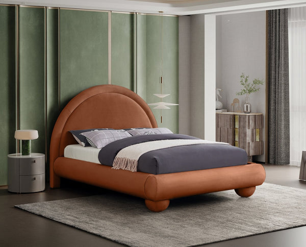 Meridian Furniture Madrid Arched Velvet Queen Bed Art Deco Sculpted Headboard Elegant Bedroom Centerpiece Cognac MadridCognac-Q