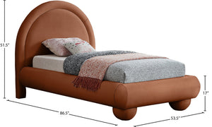 Meridian Furniture Madrid Art Deco Arched Twin Bed Plush Velvet Upholstered Sculptural Frame for Stylish Bedrooms Cognac MadridCognac-T