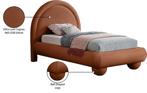 Meridian Furniture Madrid Art Deco Arched Twin Bed Plush Velvet Upholstered Sculptural Frame for Stylish Bedrooms Cognac MadridCognac-T