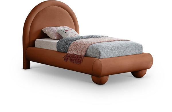 Meridian Furniture Madrid Art Deco Arched Twin Bed Plush Velvet Upholstered Sculptural Frame for Stylish Bedrooms Cognac MadridCognac-T
