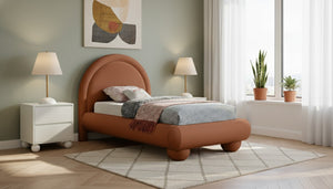 Meridian Furniture Madrid Art Deco Arched Twin Bed Plush Velvet Upholstered Sculptural Frame for Stylish Bedrooms Cognac MadridCognac-T
