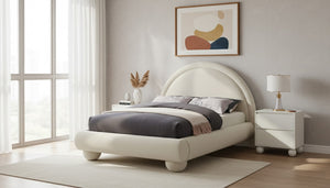 Meridian Furniture Madrid Art Deco Arched Full Bed Plush Velvet Upholstered Sculptural Headboard for Bedroom Cream MadridCream-F