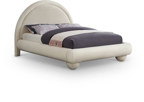 Meridian Furniture Madrid Arched Velvet Queen Bed Art Deco Sculpted Headboard Elegant Bedroom Centerpiece Cream MadridCream-Q