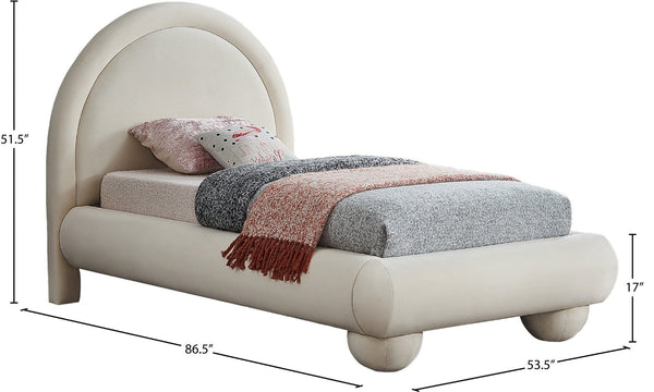 Meridian Furniture Madrid Art Deco Arched Twin Bed Plush Velvet Upholstered Sculptural Frame for Stylish Bedrooms Cream MadridCream-T
