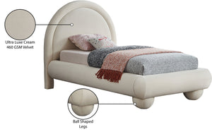 Meridian Furniture Madrid Art Deco Arched Twin Bed Plush Velvet Upholstered Sculptural Frame for Stylish Bedrooms Cream MadridCream-T