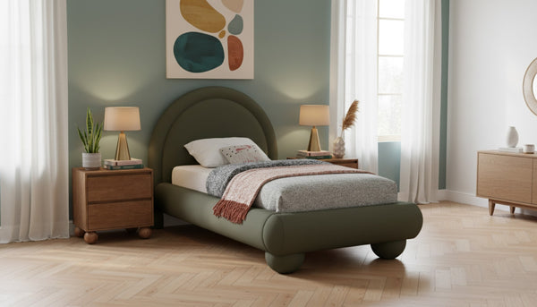 Meridian Furniture Madrid Art Deco Arched Twin Bed Plush Velvet Upholstered Sculptural Frame for Stylish Bedrooms Green MadridGreen-T