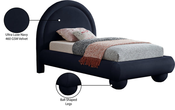 Meridian Furniture Madrid Art Deco Arched Twin Bed Plush Velvet Upholstered Sculptural Frame for Stylish Bedrooms Navy MadridNavy-T