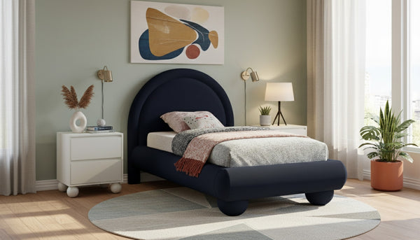 Meridian Furniture Madrid Art Deco Arched Twin Bed Plush Velvet Upholstered Sculptural Frame for Stylish Bedrooms Navy MadridNavy-T