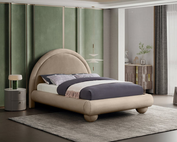 Meridian Furniture Madrid Arched Velvet Queen Bed Art Deco Sculpted Headboard Elegant Bedroom Centerpiece Taupe MadridTaupe-Q
