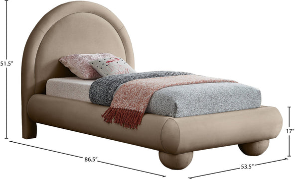 Meridian Furniture Madrid Art Deco Arched Twin Bed Plush Velvet Upholstered Sculptural Frame for Stylish Bedrooms Taupe MadridTaupe-T