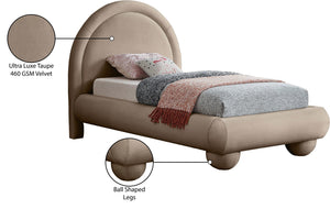 Meridian Furniture Madrid Art Deco Arched Twin Bed Plush Velvet Upholstered Sculptural Frame for Stylish Bedrooms Taupe MadridTaupe-T