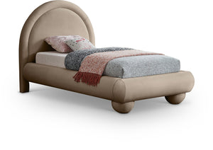Meridian Furniture Madrid Art Deco Arched Twin Bed Plush Velvet Upholstered Sculptural Frame for Stylish Bedrooms Taupe MadridTaupe-T