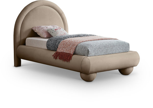 Meridian Furniture Madrid Art Deco Arched Twin Bed Plush Velvet Upholstered Sculptural Frame for Stylish Bedrooms Taupe MadridTaupe-T
