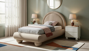 Meridian Furniture Madrid Art Deco Arched Twin Bed Plush Velvet Upholstered Sculptural Frame for Stylish Bedrooms Taupe MadridTaupe-T