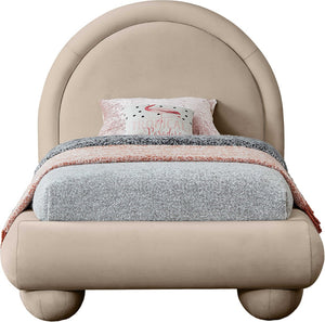 Meridian Furniture Madrid Art Deco Arched Twin Bed Plush Velvet Upholstered Sculptural Frame for Stylish Bedrooms Taupe MadridTaupe-T