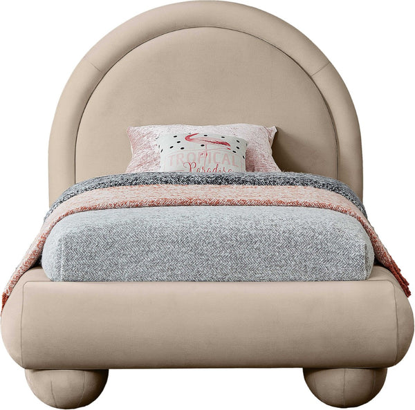 Meridian Furniture Madrid Art Deco Arched Twin Bed Plush Velvet Upholstered Sculptural Frame for Stylish Bedrooms Taupe MadridTaupe-T