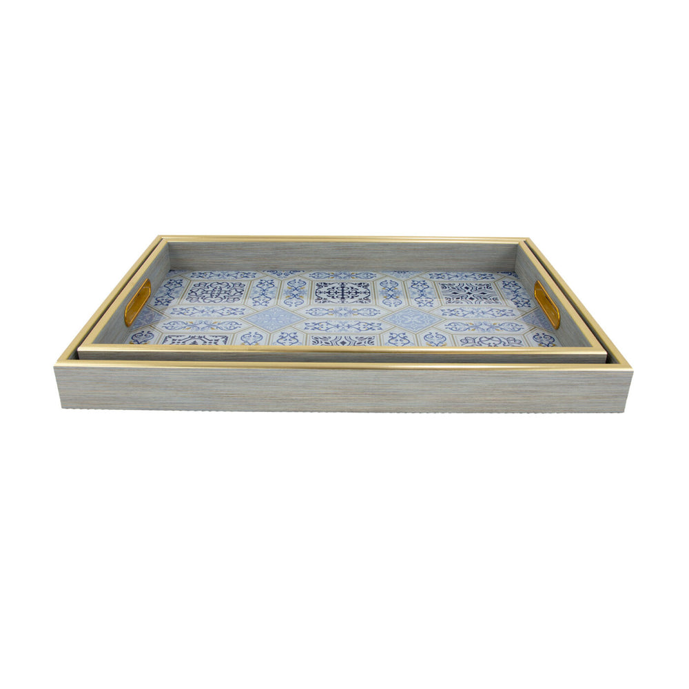 Zeugma Majestic Decorative Tray Set Of 2 - Blue & Gold With Greek Mosaic Design For Elegant Hosting & Décor Blue And Gold Frame And Greek Mosaic,Inspired Bottom Plaster,Wood,Plywood Hrt24sf680