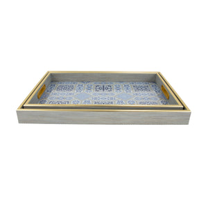 Zeugma Majestic Decorative Tray Set Of 2 - Blue & Gold With Greek Mosaic Design For Elegant Hosting & Décor Blue And Gold Frame And Greek Mosaic,Inspired Bottom Plaster,Wood,Plywood Hrt24sf680