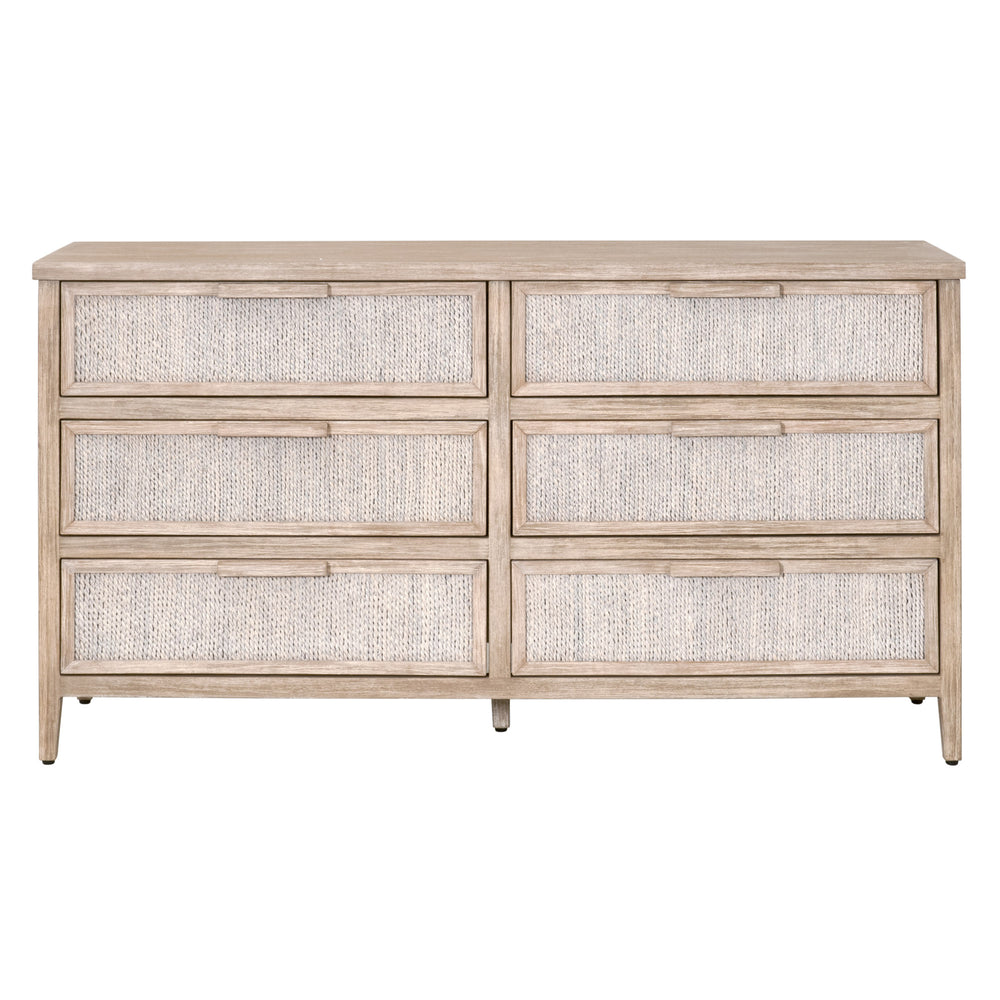 Essentials for Living Malay 6-Drawer Double Dresser White Wash Abaca Rope, Natural Gray Mahogany