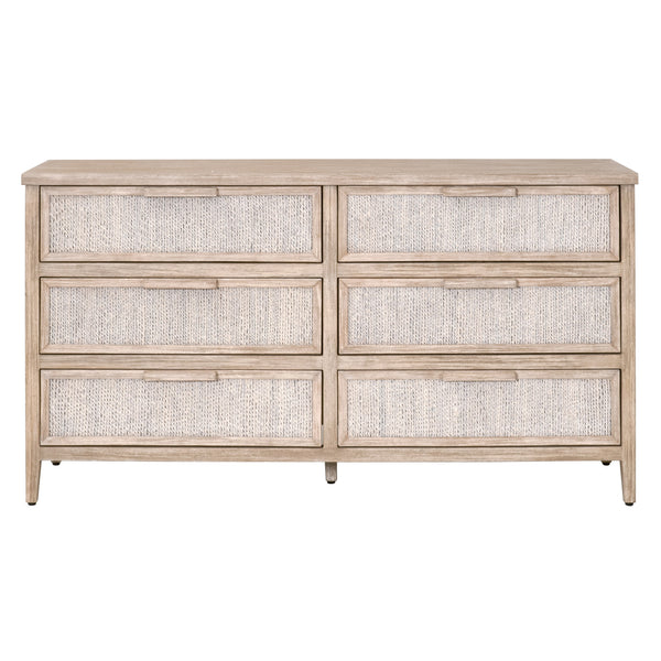 Essentials for Living Malay 6-Drawer Double Dresser White Wash Abaca Rope, Natural Gray Mahogany