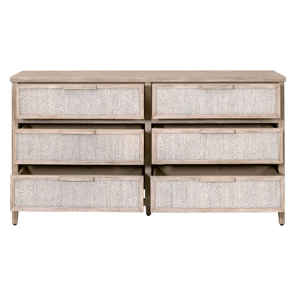 Essentials for Living Malay 6-Drawer Double Dresser White Wash Abaca Rope, Natural Gray Mahogany