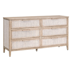 Essentials for Living Malay 6-Drawer Double Dresser White Wash Abaca Rope, Natural Gray Mahogany