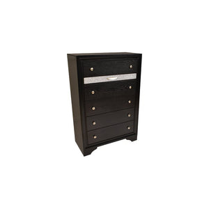 English Elm Matrix Five-Drawer Chest Black with Silver Knobs for Bedroom Storage, Charging Surface & Elegant Design 808857772084