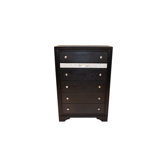 English Elm Matrix Five-Drawer Chest Black with Silver Knobs for Bedroom Storage, Charging Surface & Elegant Design 808857772084