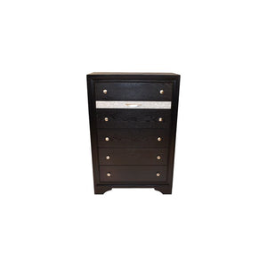 English Elm Matrix Five-Drawer Chest Black with Silver Knobs for Bedroom Storage, Charging Surface & Elegant Design 808857772084