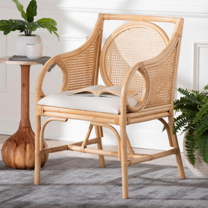 Bali & Pari Handwoven Natural Rattan Armchair with Plush Upholstered Foam Seat