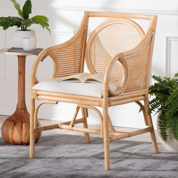 Bali & Pari Handwoven Natural Rattan Armchair with Plush Upholstered Foam Seat