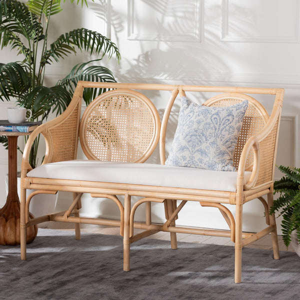 Bali & Pari Handcrafted Rattan Loveseat with Woven Cane Lattice Back for Sunrooms