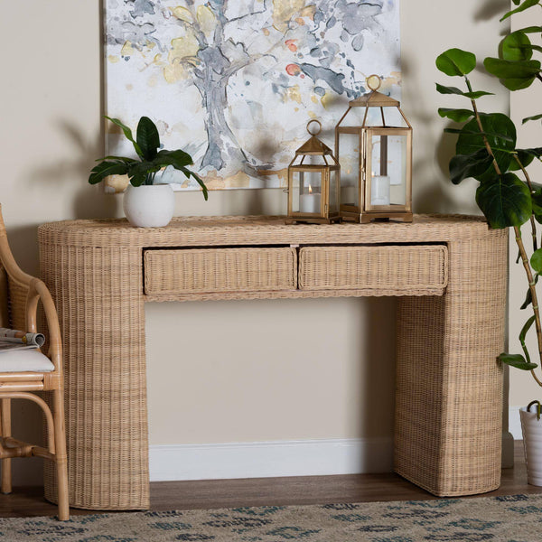 Bali & Pari Mimi Handcrafted Rattan Console Table with Geometric Woven Top