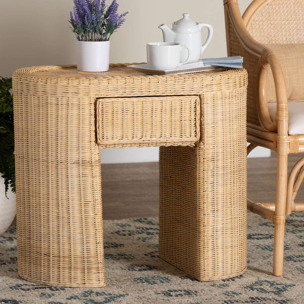 Bali & Pari Mimi Handcrafted Rattan End Table with Drawer Bohemian Accent