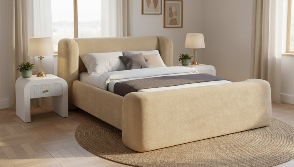 Meridian Furniture Modena Sculptural Chenille Upholstered Full Bed Curved Headboard for Modern Bedroom Style Beige ModenaBeige-F