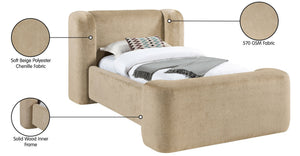 Meridian Furniture Modena Sculptural Chenille Twin Bed Curved Upholstered Frame for Modern Bedroom Decor Beige ModenaBeige-T