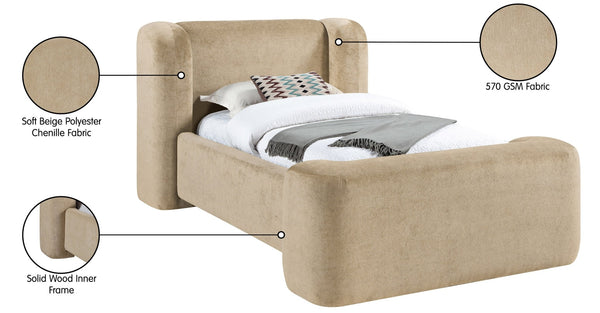 Meridian Furniture Modena Sculptural Chenille Twin Bed Curved Upholstered Frame for Modern Bedroom Decor Beige ModenaBeige-T