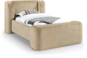 Meridian Furniture Modena Sculptural Chenille Twin Bed Curved Upholstered Frame for Modern Bedroom Decor Beige ModenaBeige-T