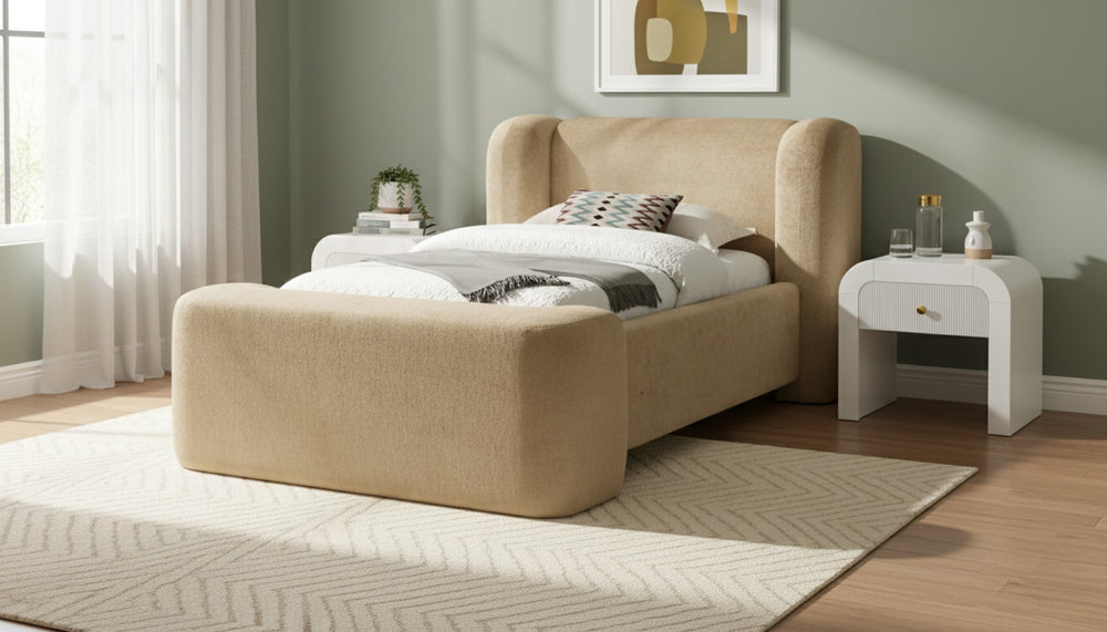 Meridian Furniture Modena Sculptural Chenille Twin Bed Curved Upholstered Frame for Modern Bedroom Decor Beige ModenaBeige-T